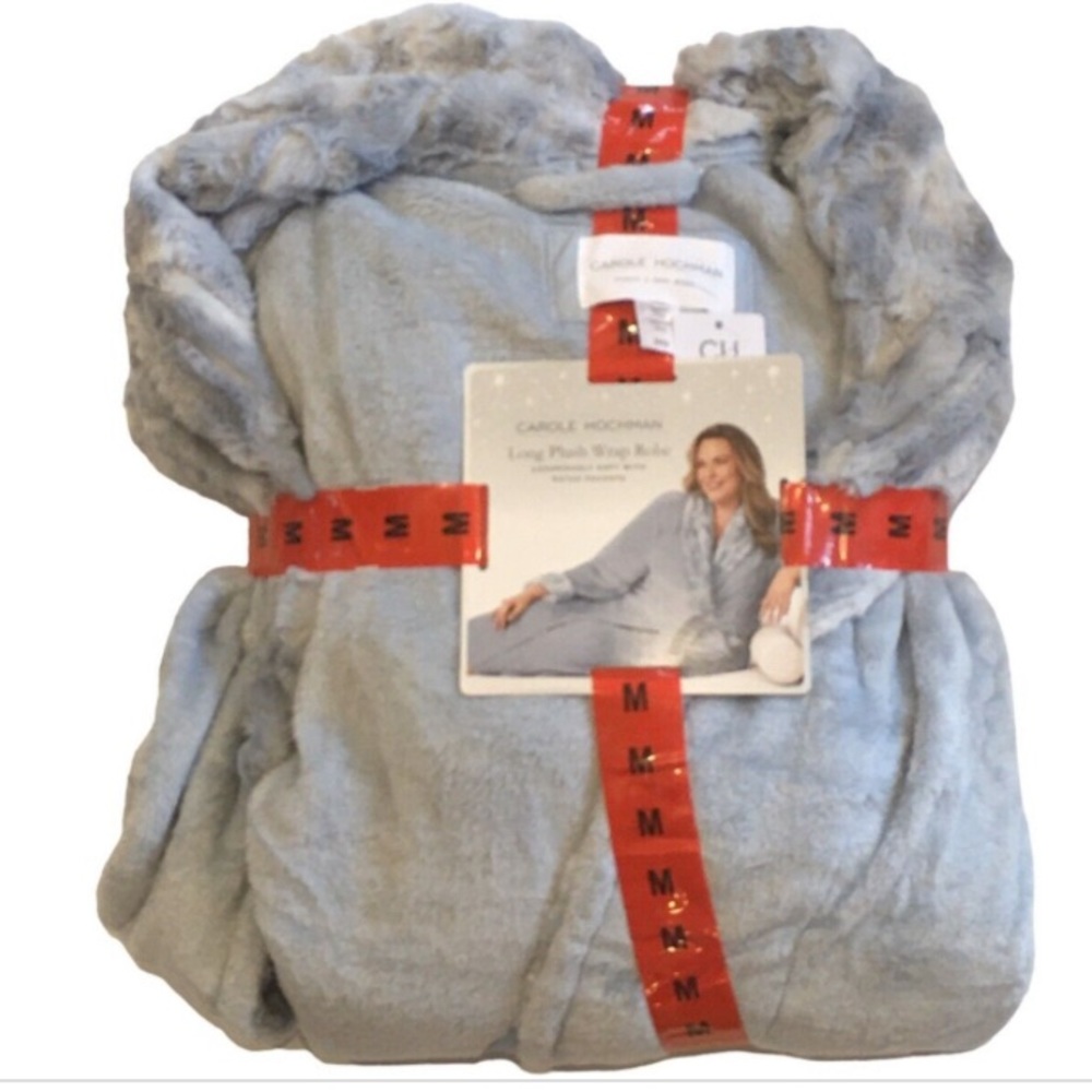 NWT Carole Hochman Women Long Plush Wrap Robe with Patch Pockets Blue SZ- Medium